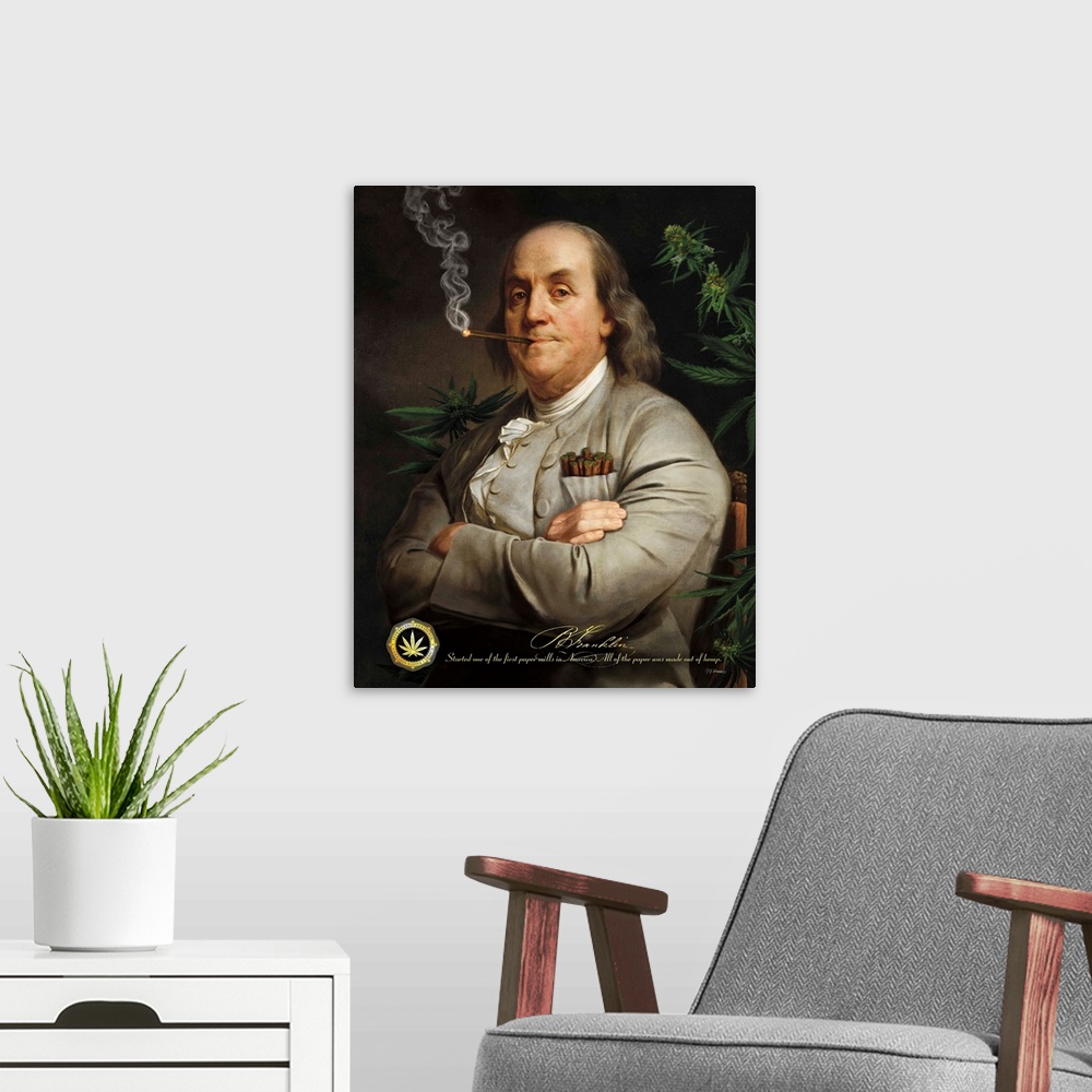 A modern room featuring Digital art painting of a poster titled Ben's Cigar by JJ Brando. Ben Franklin surrounded by mari...