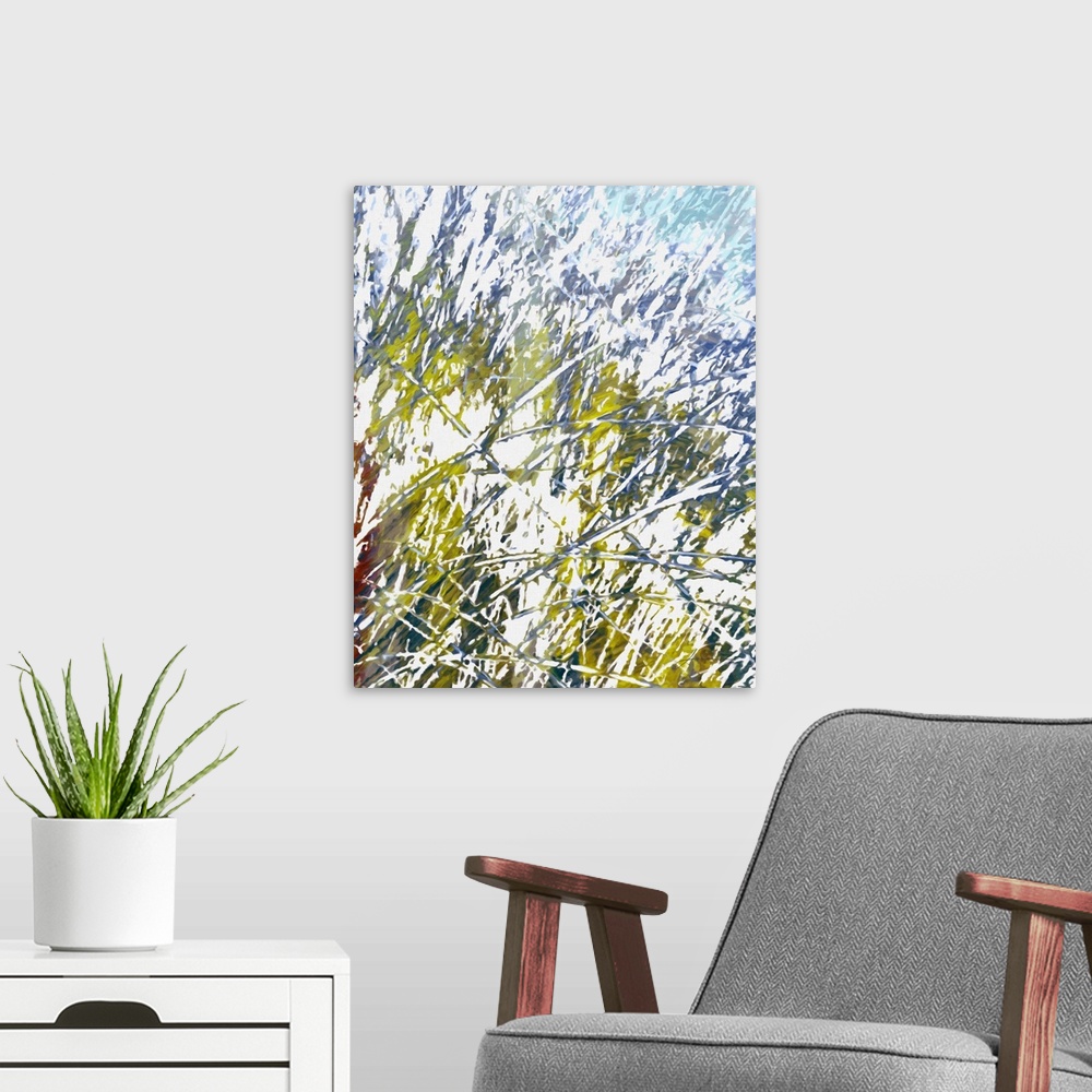 A modern room featuring Abstract grasses with splashes of color stretch across the meadow.
