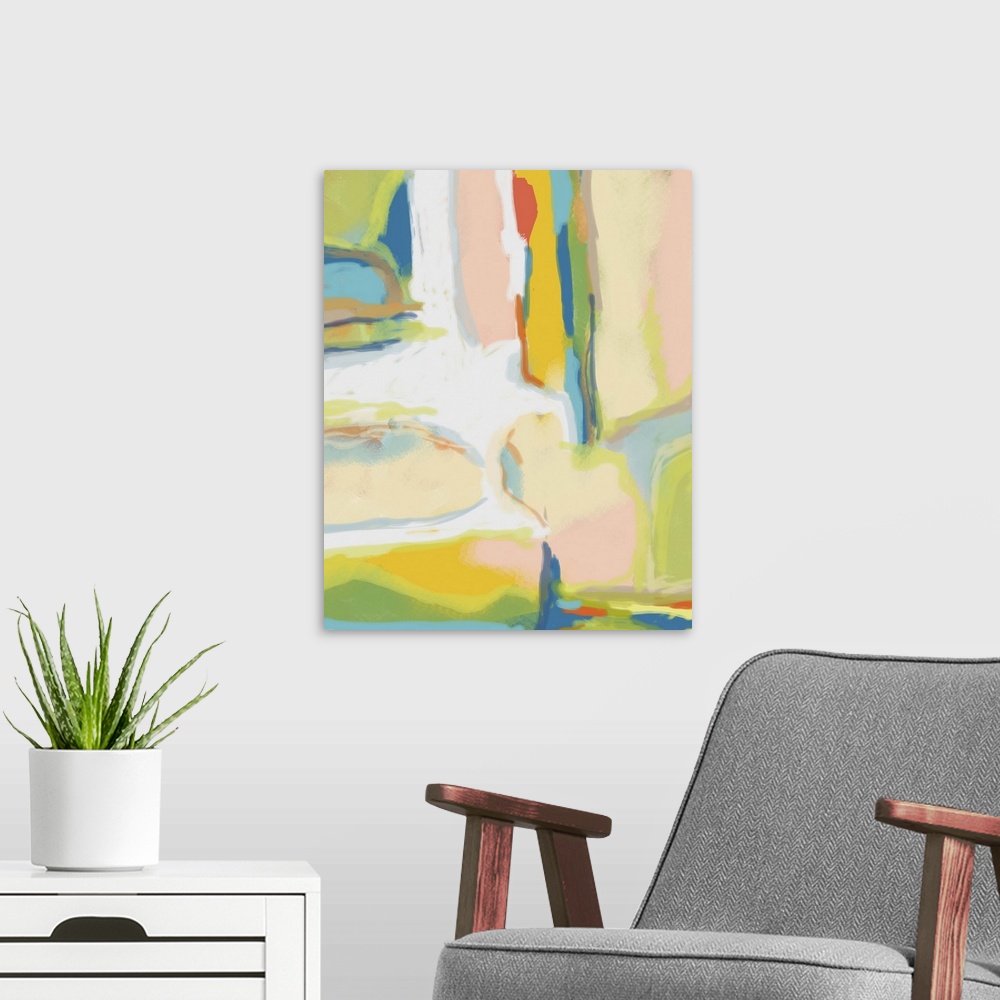 A modern room featuring A contemporary abstract with bright colors that pop to give it a modern feel. It contains differe...