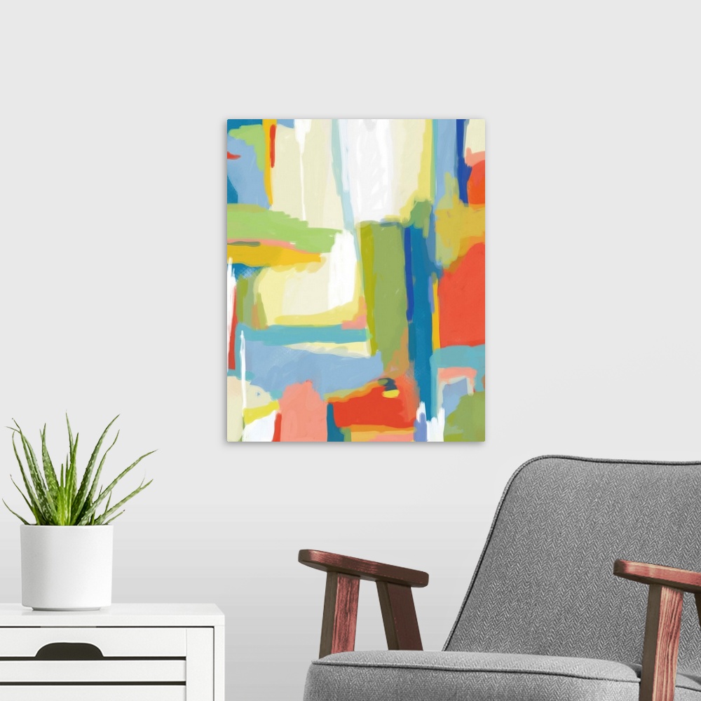 A modern room featuring A contemporary abstract with bright colors that pop to give it a modern feel. It contains differe...