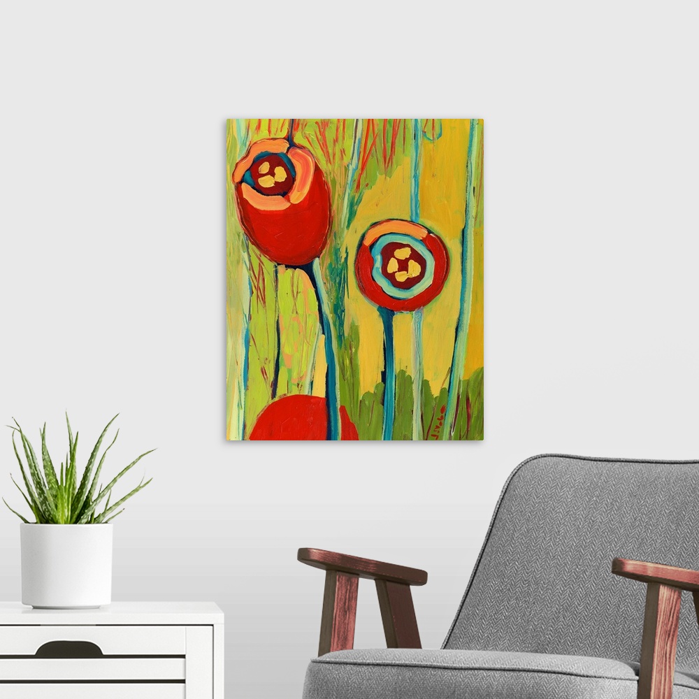 A modern room featuring Big contemporary art focuses on a few brightly colored flowers sitting against a background of al...