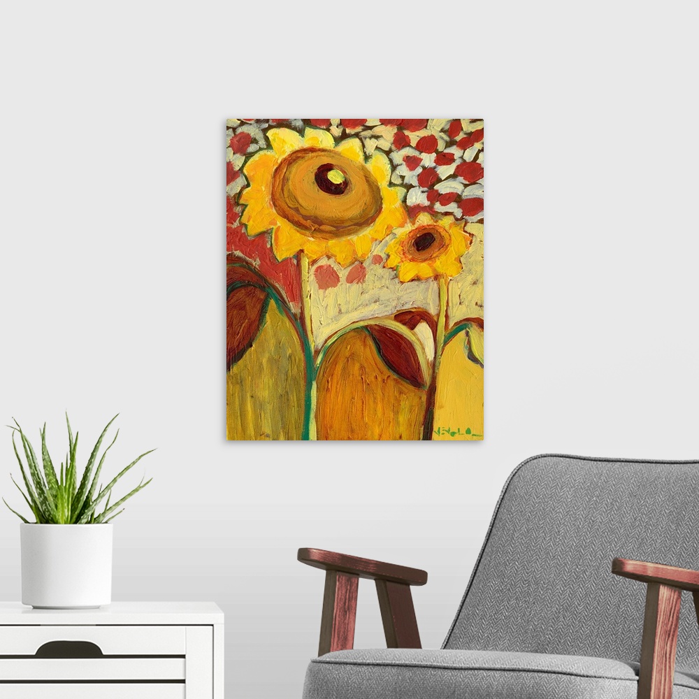 A modern room featuring Big, vertical abstract painting of a sunflower field, the main focus being two large sunflowers i...
