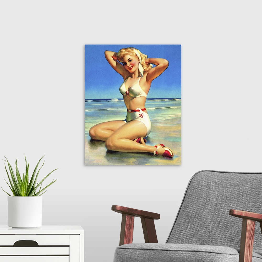 A modern room featuring Vintage 50's illustration of a young woman modeling a two-piece swimsuit on the beach.