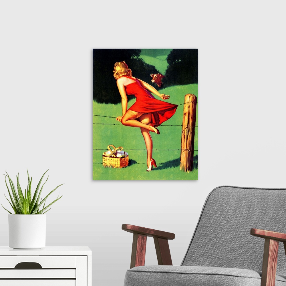 A modern room featuring Vintage 50's illustration of a young woman climbing over a fence.