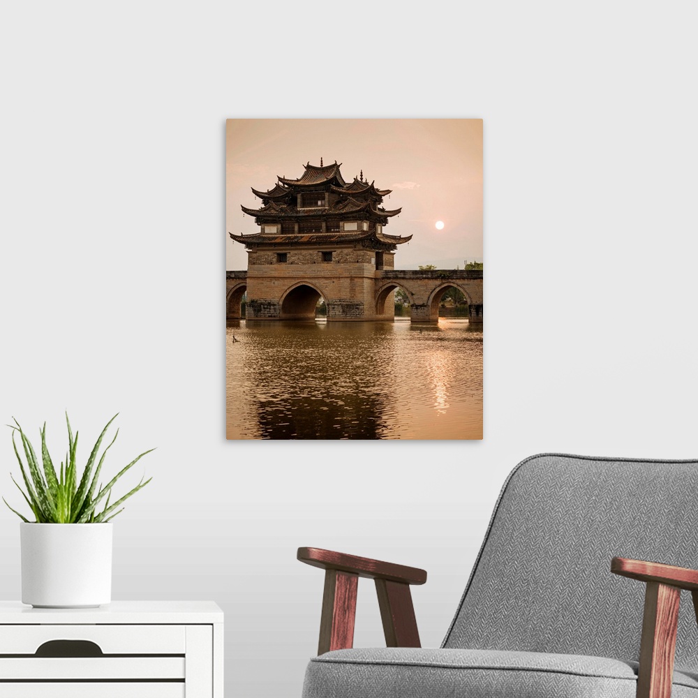 A modern room featuring Twin Dragon Bridge At Sunset, Jianshui, Yunnan Province, China