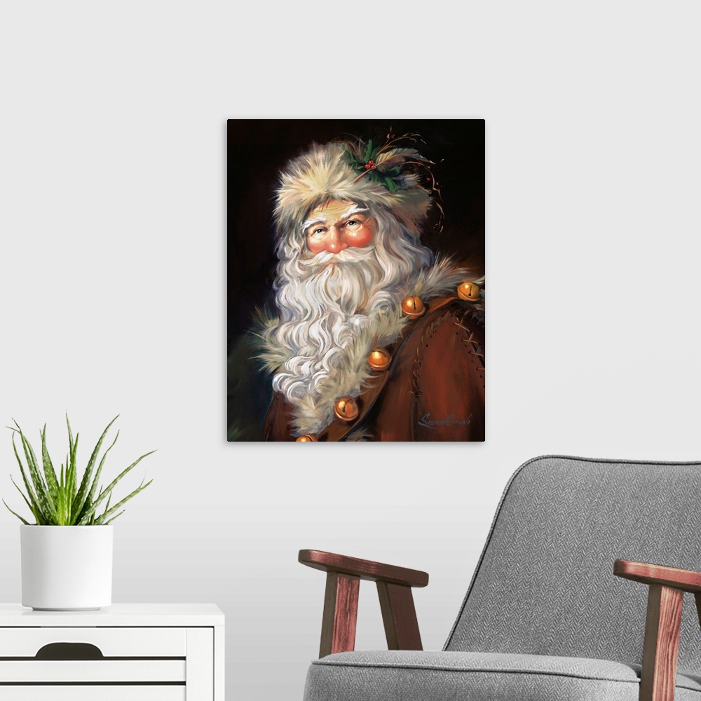 A modern room featuring Fine art painting of Santa Claus wearing a fur hat and jacket.