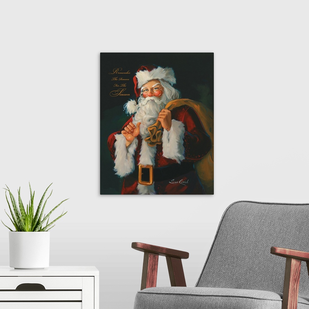 A modern room featuring Fine art painting of Santa Claus holding a bag.