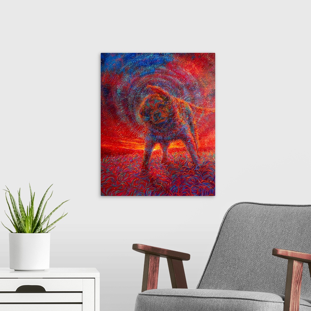 A modern room featuring Brightly colored contemporary artwork of a dog shaking off water in the sunset.