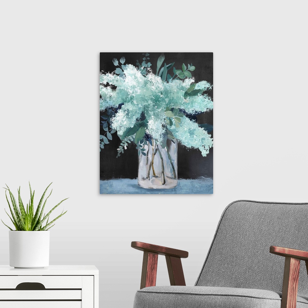 A modern room featuring Teal Flowers In Vase
