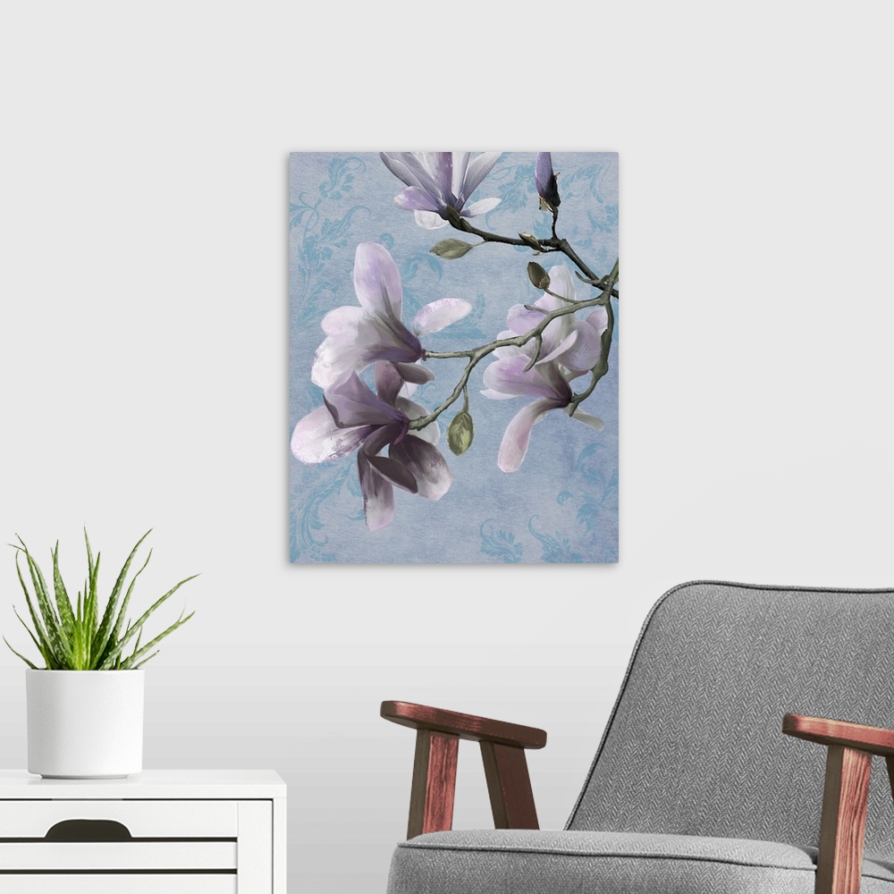 A modern room featuring Vertical painting of lavender flowers on a floral blue background with rough strokes applied to t...