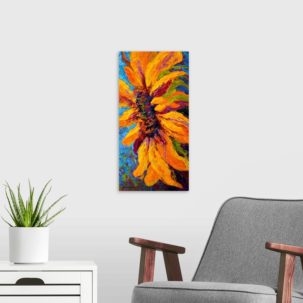 A modern room featuring A contemporary painting of a sunflower from the side that uses various colors for the center and ...