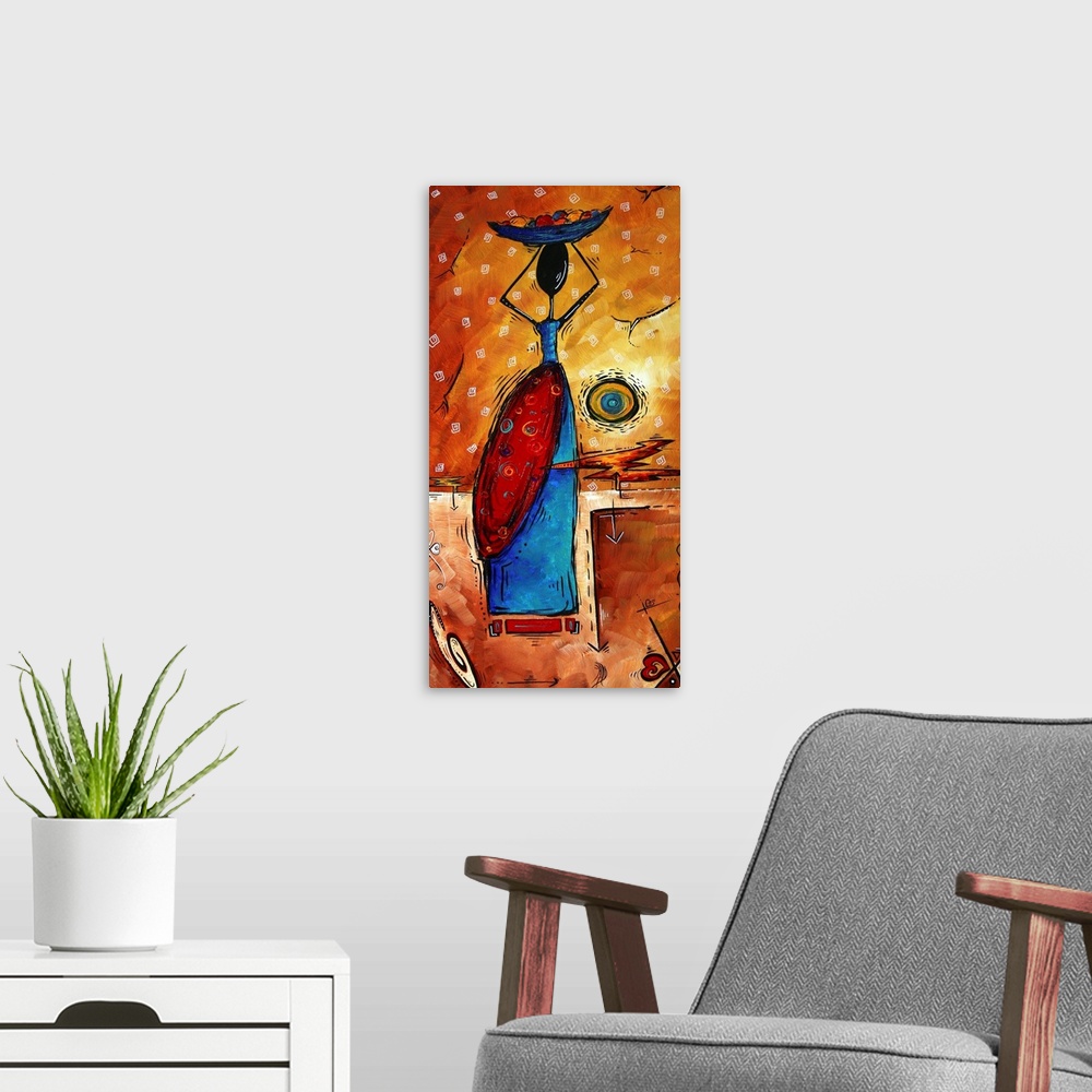 A modern room featuring Abstract artwork of an African woman holding a bowl of fruit on her head.