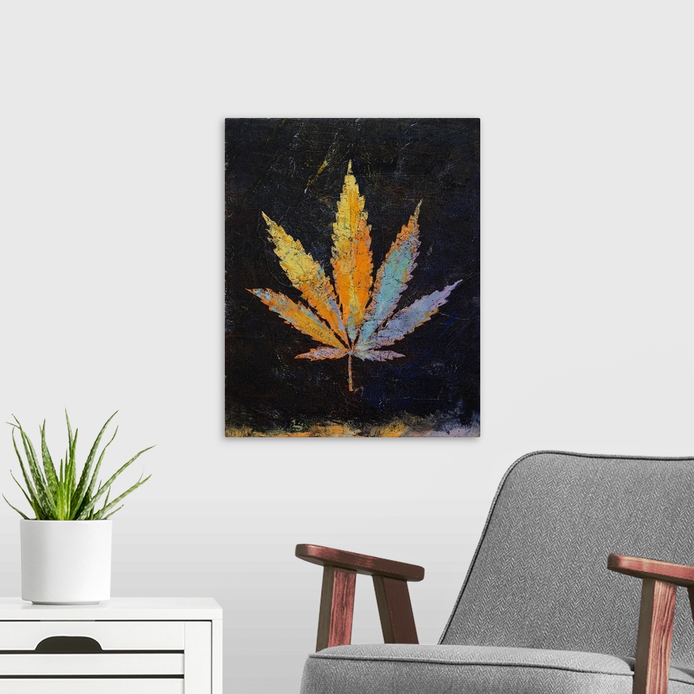 A modern room featuring A contemporary painting of a colorful plant leaf against a black background.