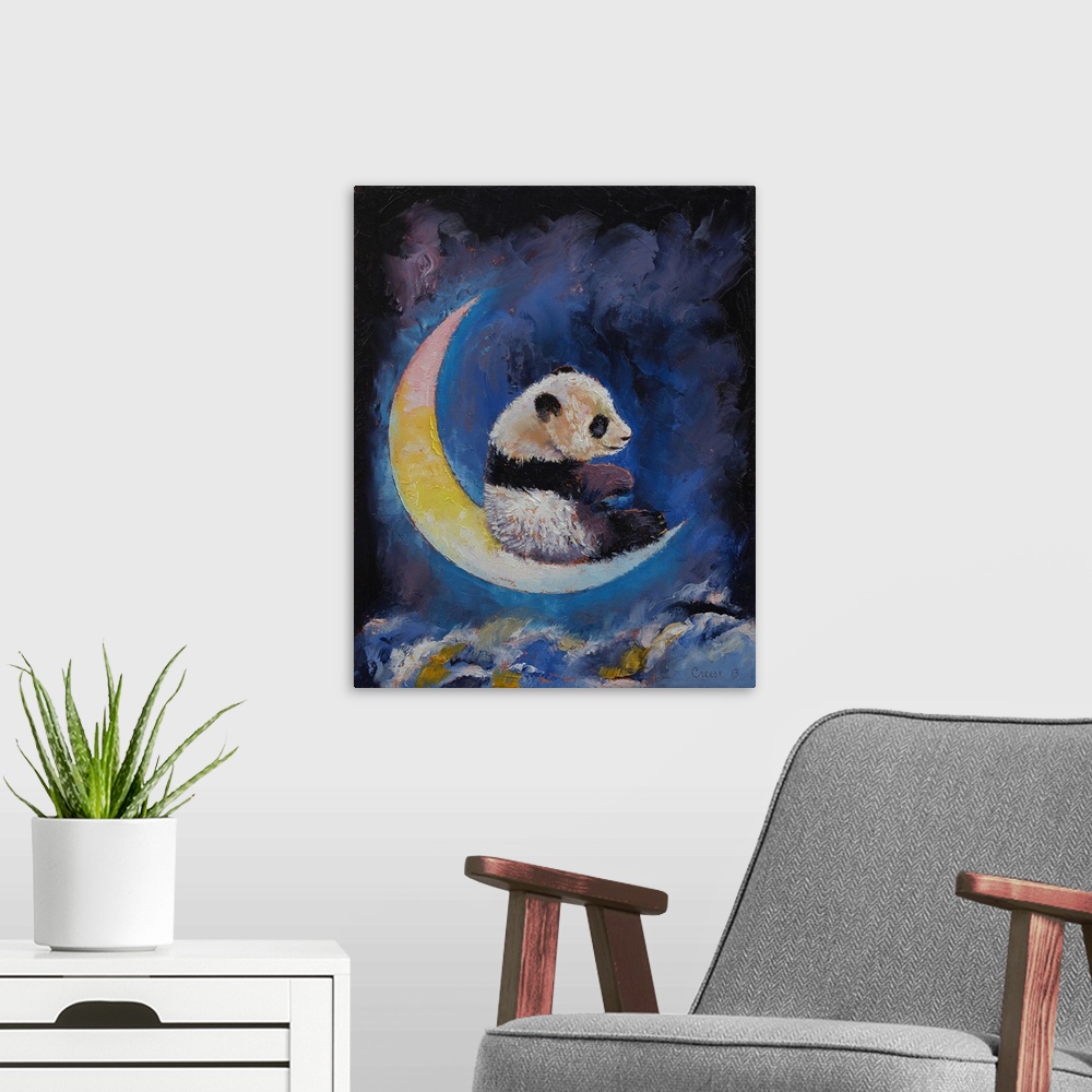 A modern room featuring Panda Crescent Moon - Children's Art