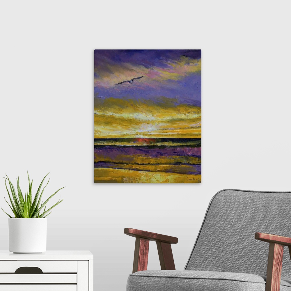 A modern room featuring Big, vertical wall painting of a seagull flying over water at sunset.  Painted with thick ,heavy ...