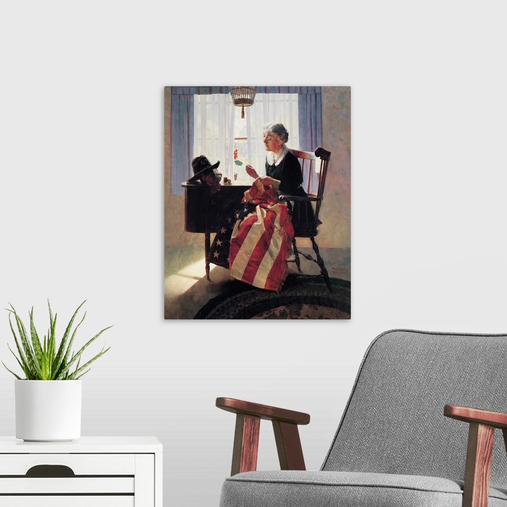 A modern room featuring Mending the Flag, depicts a woman sewing a tattered flag. Approved by the Norman Rockwell Family ...
