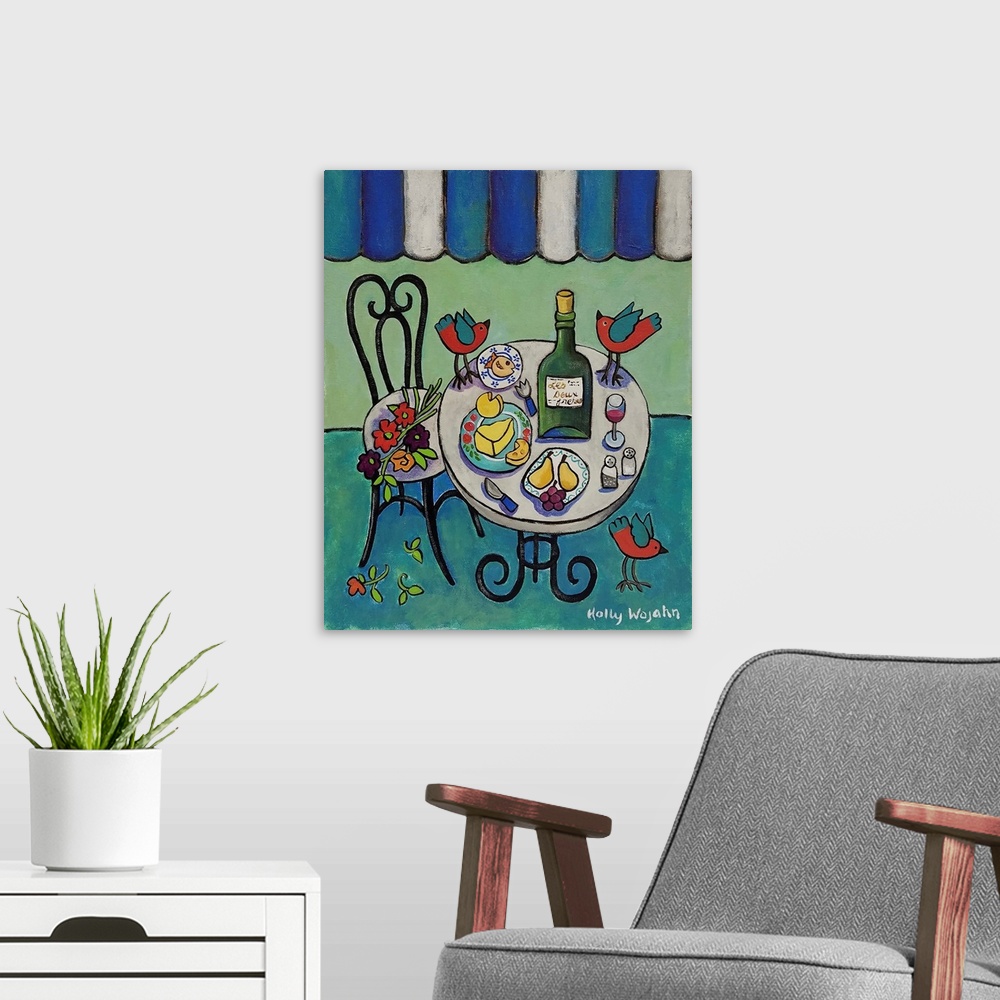 A modern room featuring This piece was inspired by a Poster that hangs on the interior wall of a French Restaurant in Lon...