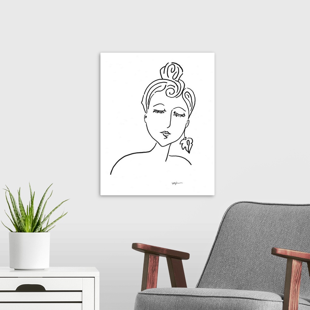 A modern room featuring In this contemporary Line Drawing done in ink, my goal was to Depict a Femaleos face, shoulders, ...