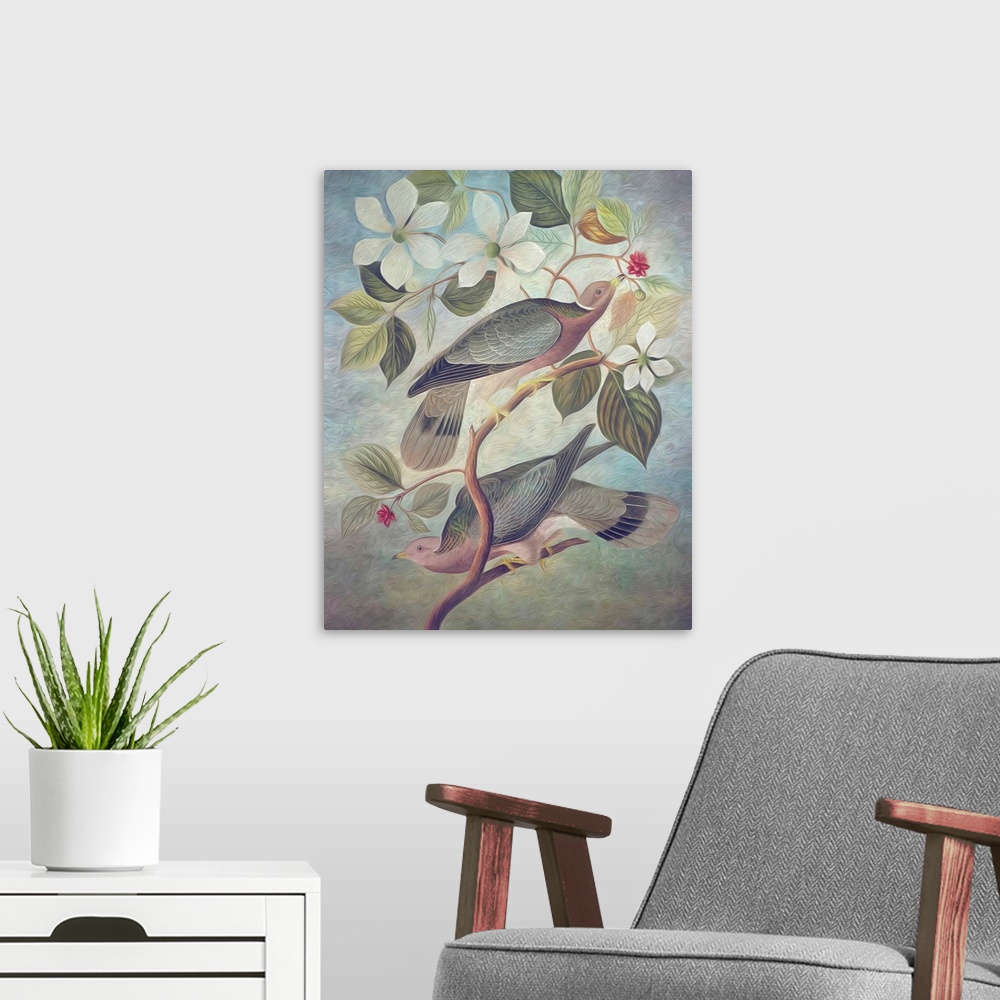 A modern room featuring A painterly textured rendition of two vintage turtle doves attop of a white flowered tree branch ...