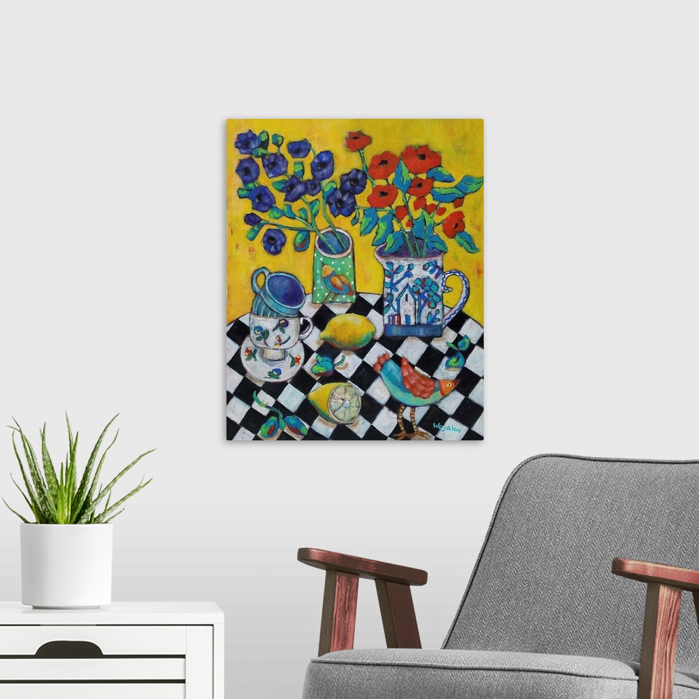 A modern room featuring Bright and a Bold in palette, this piece reflects a happy collection of cups and pitcher, all of ...