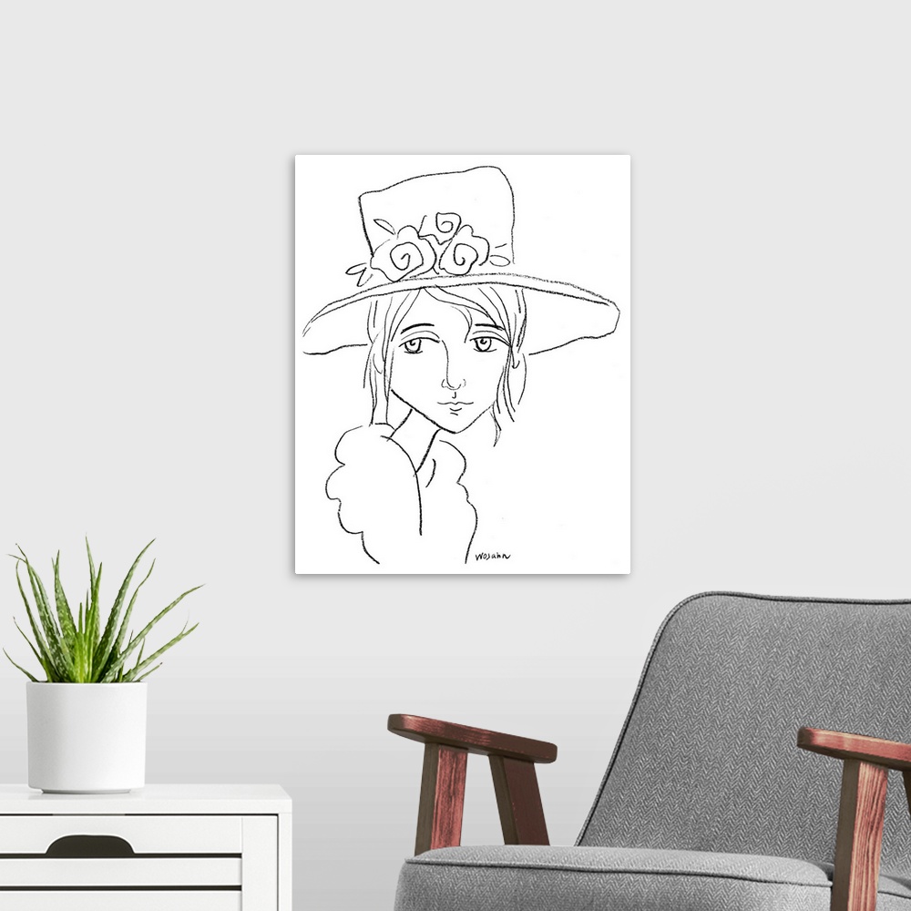 A modern room featuring This Line Drawing of a Woman reminiscent of perhaps the 1930os, when wearing hats a fur collared ...