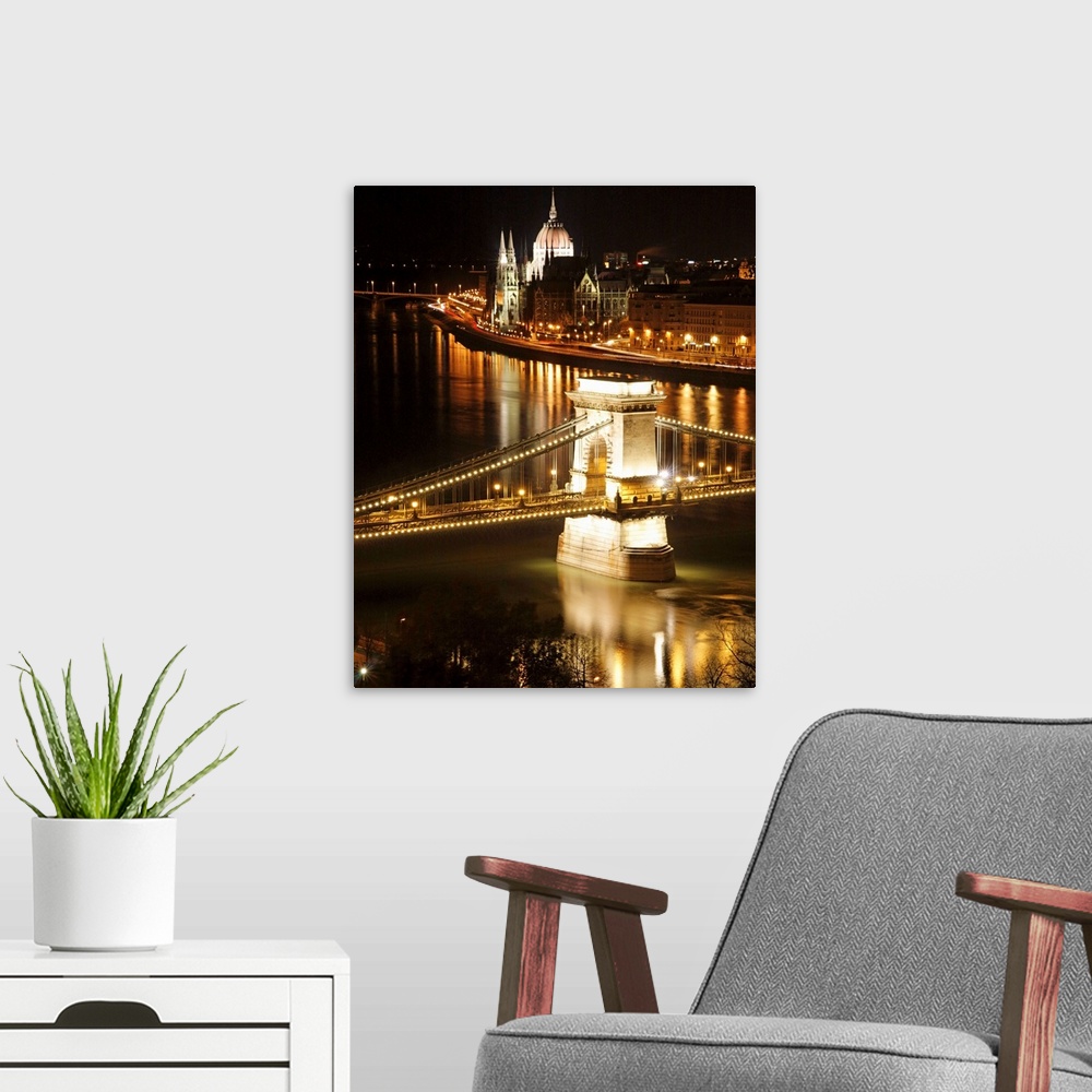 A modern room featuring Chain Bridge and The House of the Parliament at Night, Budapest, Hungary