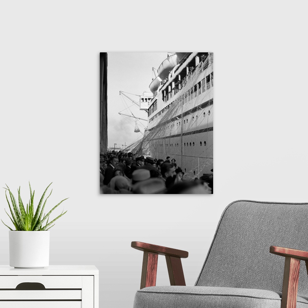 A modern room featuring 1930's Crowd Of People On Pier Wishing Bon Voyage To Sailing Traveling Passengers On Ocean Liner ...