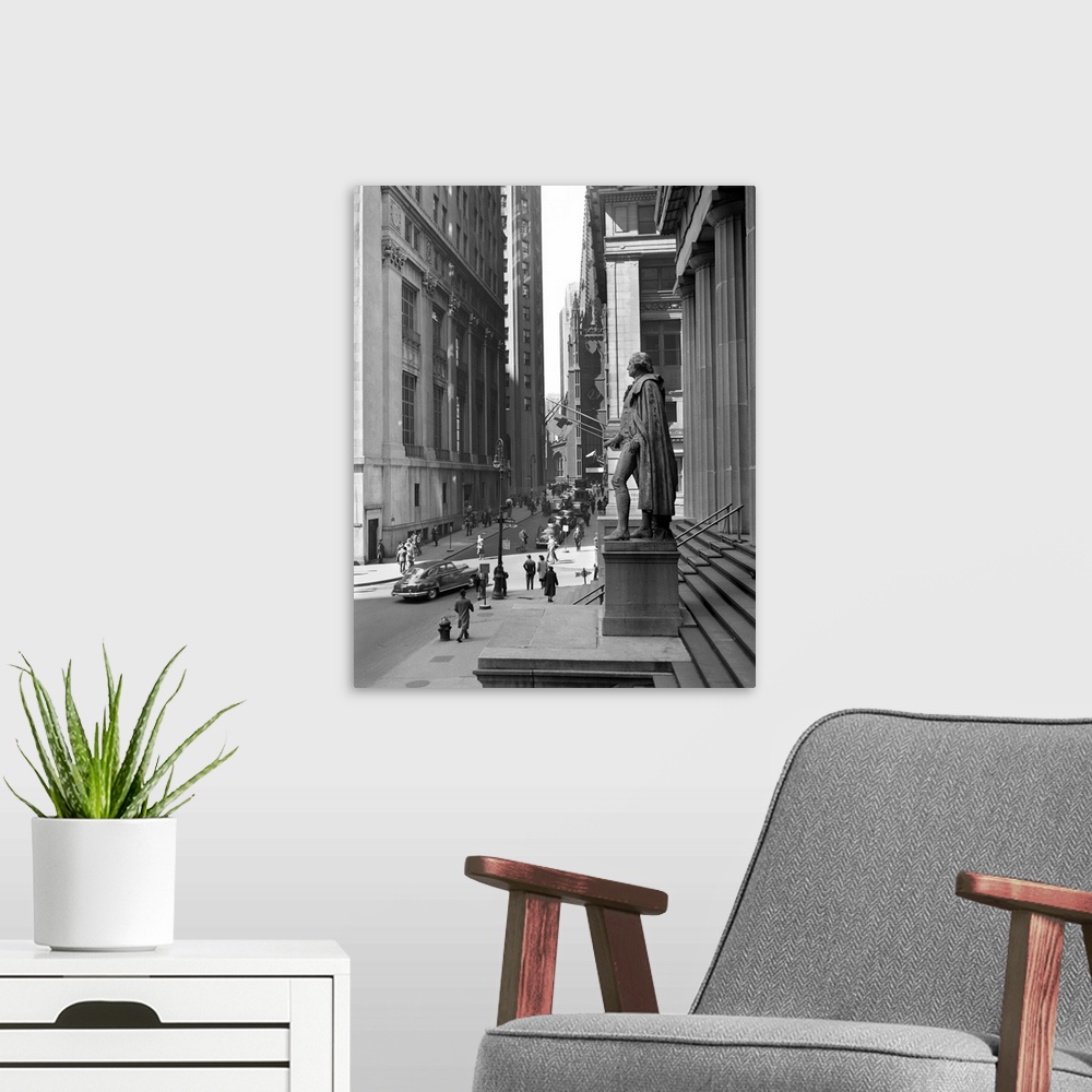 A modern room featuring 1950's Wall Street From Steps Of Federal Hall National Memorial Looking Towards Trinity Church In...