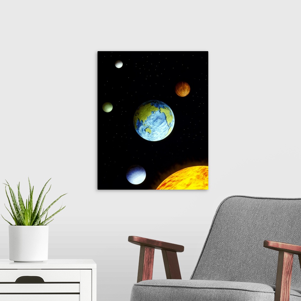 A modern room featuring Conceptualized universe with planets