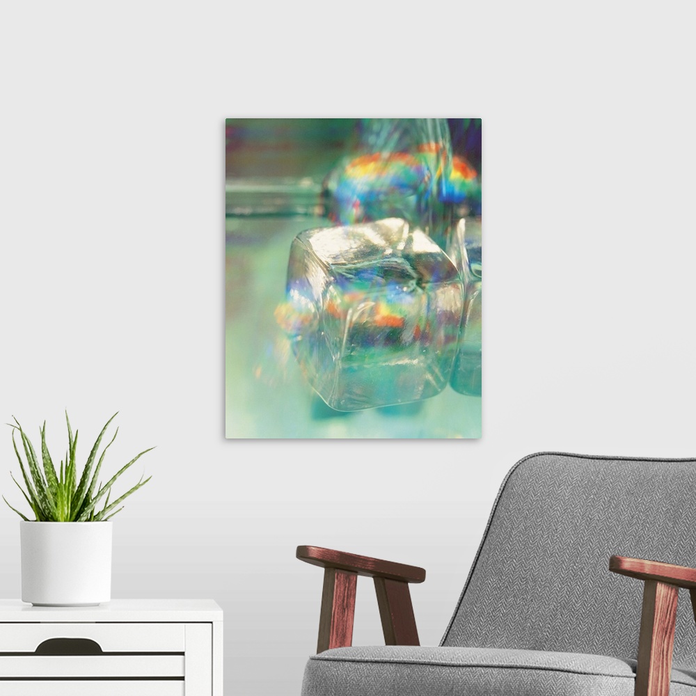 A modern room featuring Ice cubes with colorful spectrum refraction