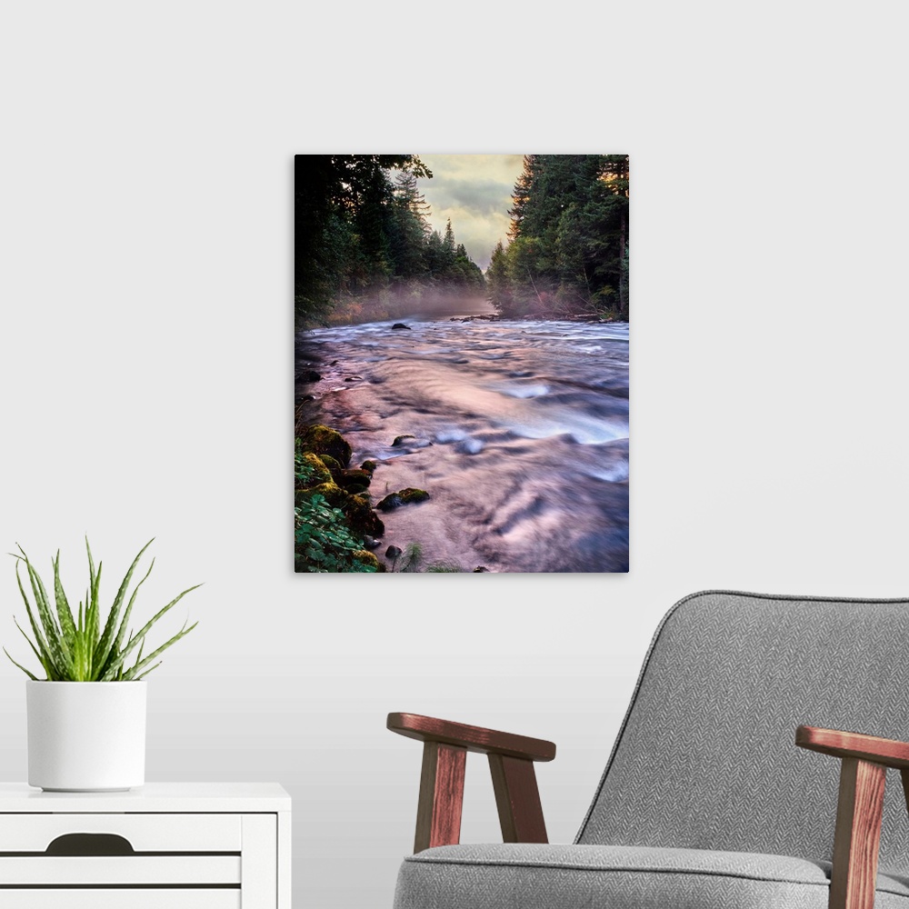 A modern room featuring River flowing through a forest, McKenzie River, Belknap Hot Springs, Willamette National Forest, ...