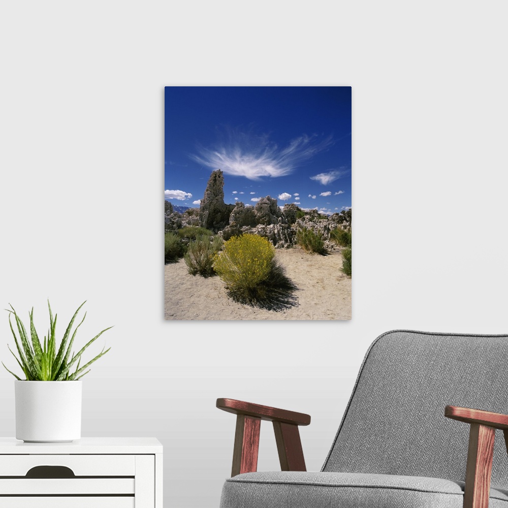 A modern room featuring Tufa rock formations on a landscape, Mono Lake, California,