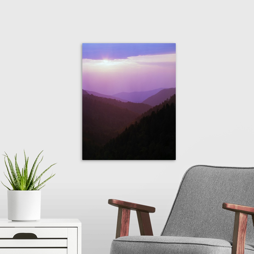 A modern room featuring Photograph of foggy mountain range under a cloudy sky with sun peeking through.