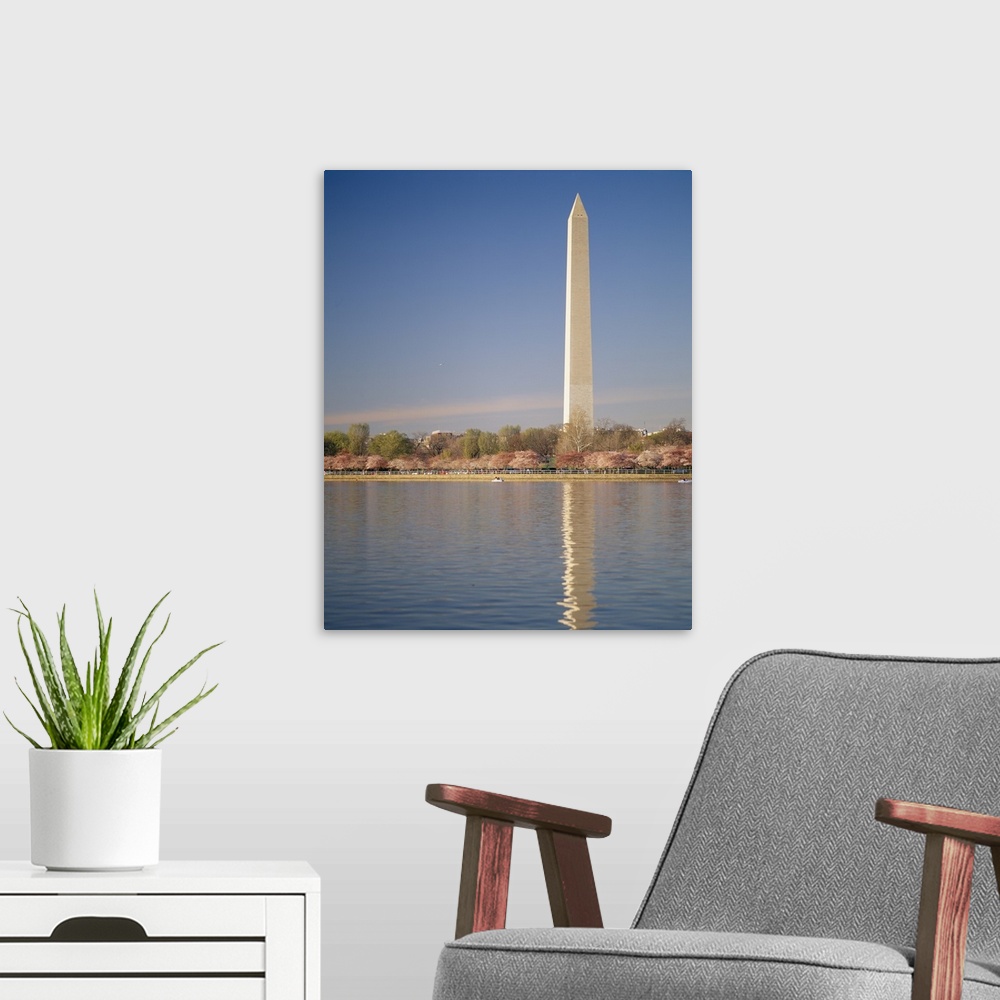 A modern room featuring Washington Monument with cherry blossoms, Washington DC