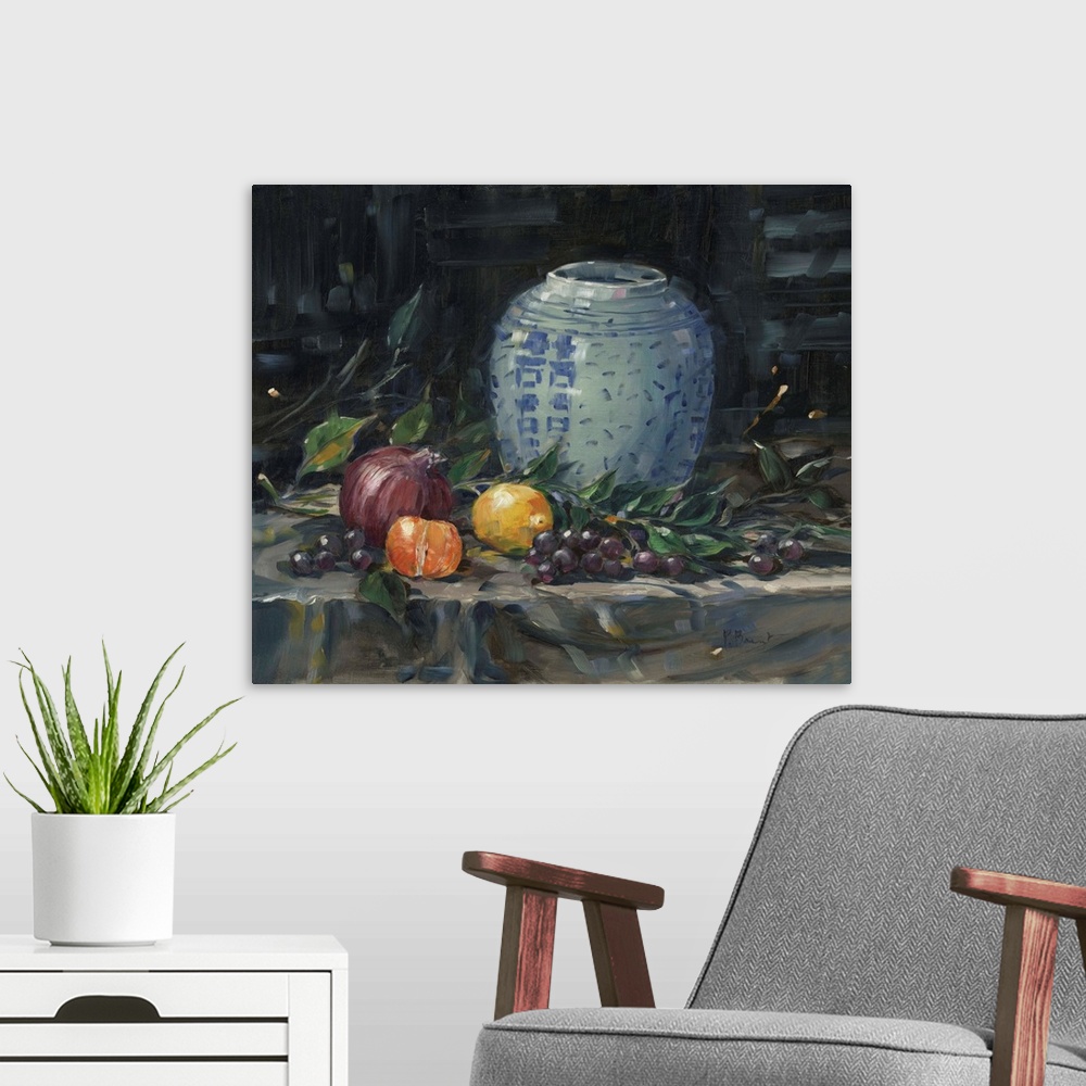 A modern room featuring Still life painting of a Chinese urn with fruit.