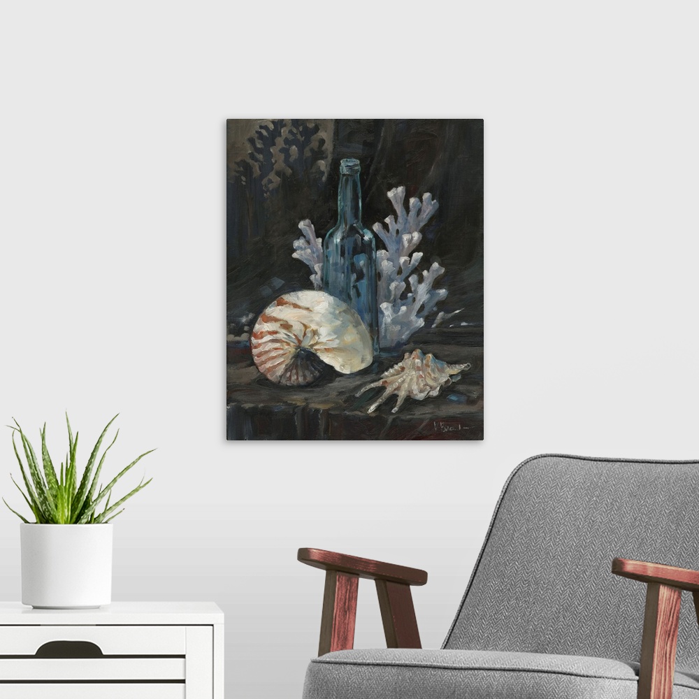 A modern room featuring Still life painting of a bottle, sea shells, and coral.
