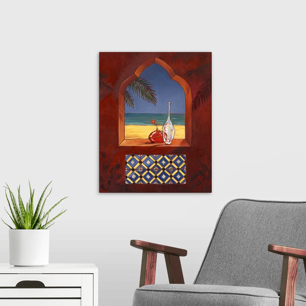A modern room featuring Still life painting of two glass vases on the sill of an arched window with patterned tile.
