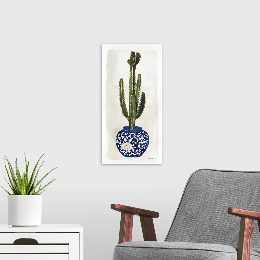 A modern room featuring Cacti in Blue Pot 2