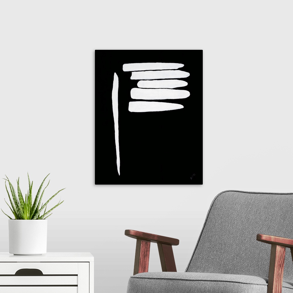 A modern room featuring Contemporary abstract painting that has a solid black background and thick white lines- one runni...