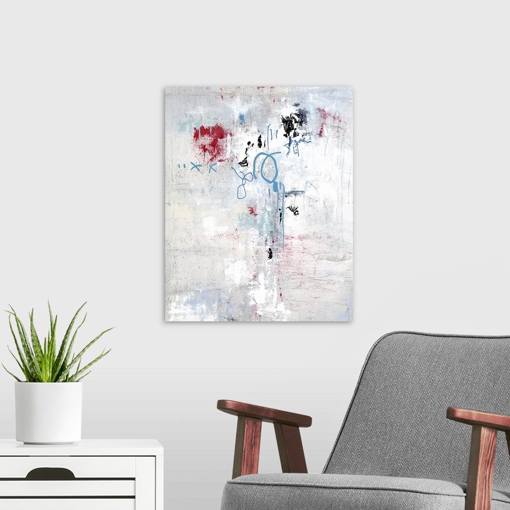 A modern room featuring Textured abstract painting with blue and red details.
