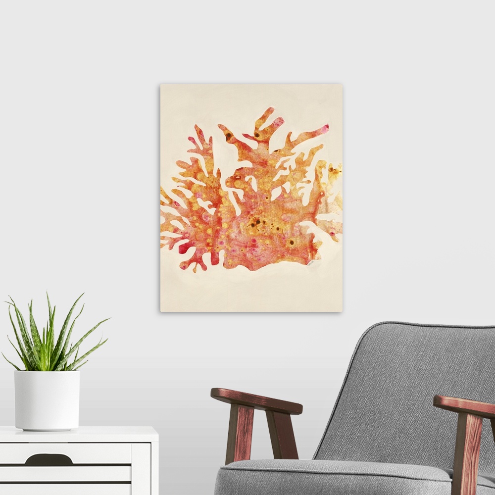 A modern room featuring Contemporary painting of coral in colors of orange and yellow.