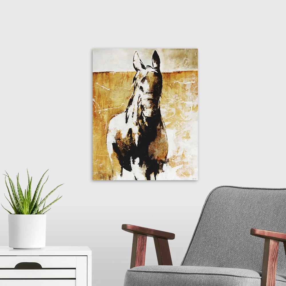 A modern room featuring Abstractly painted horse on top of a grungy background.
