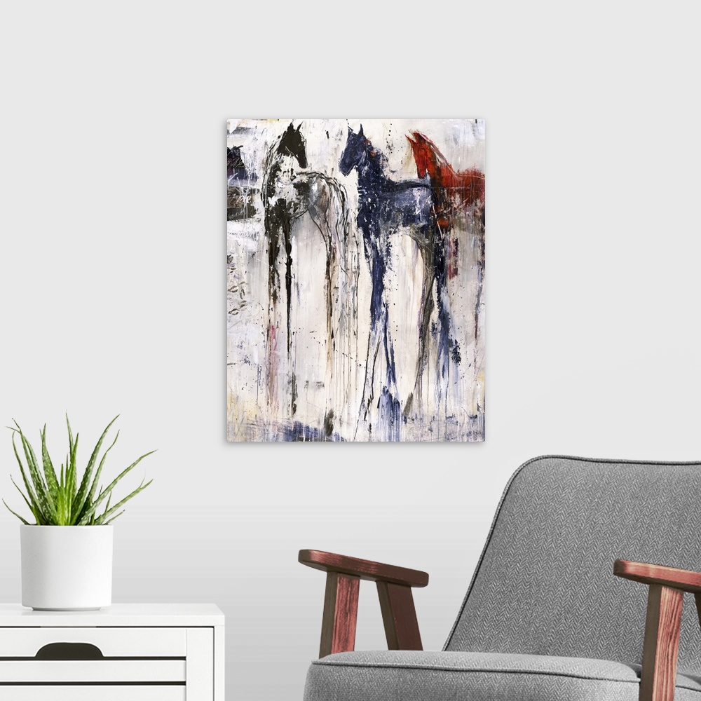 A modern room featuring Tall abstract painting of three horses with vertical lines of color.