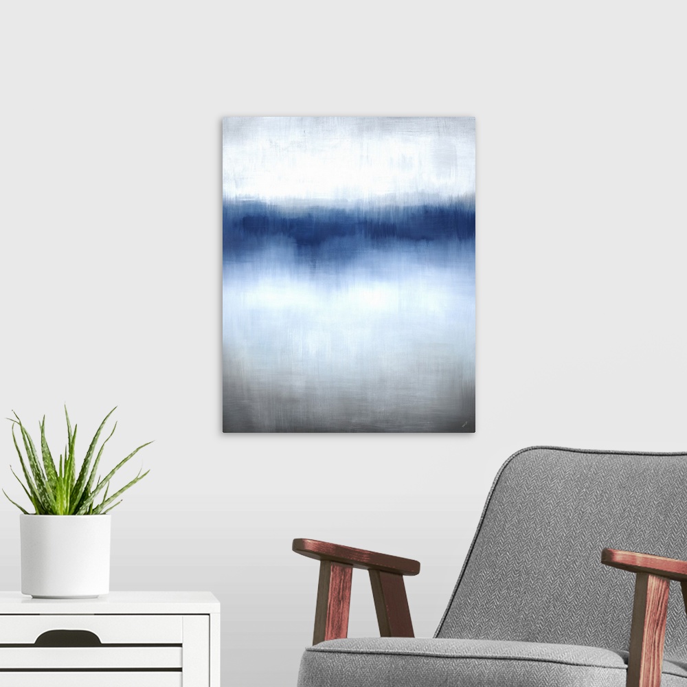 A modern room featuring Contemporary abstract painting of a blue horizon line that blends into a light neutral area above...