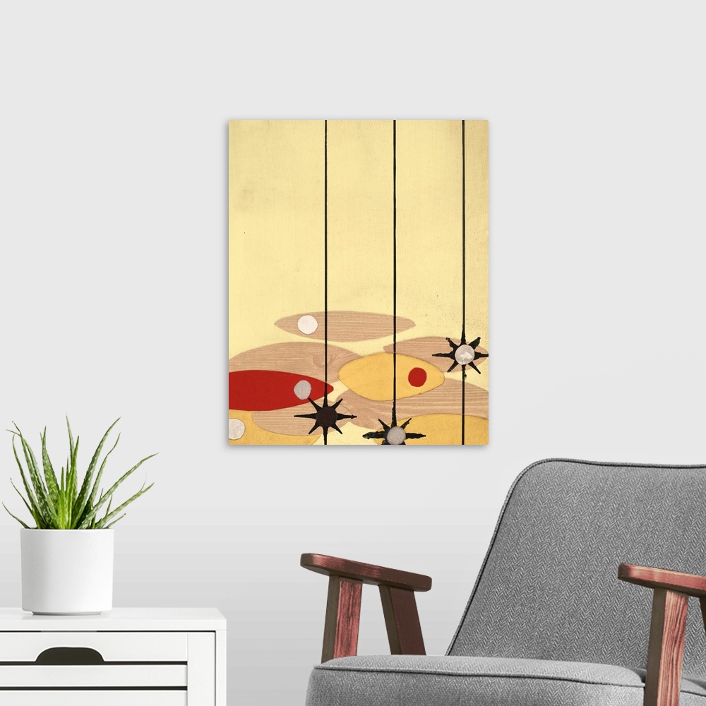 A modern room featuring Abstract painting with a mid-century feel using organic shapes in different colors to create obsc...