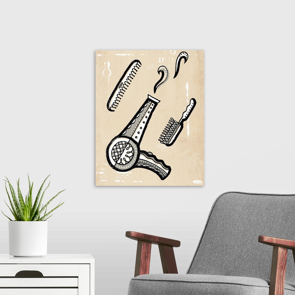 A modern room featuring 1960's vintage style wall art of a hair dryer and hair brush illustrated in black pen and ink lin...