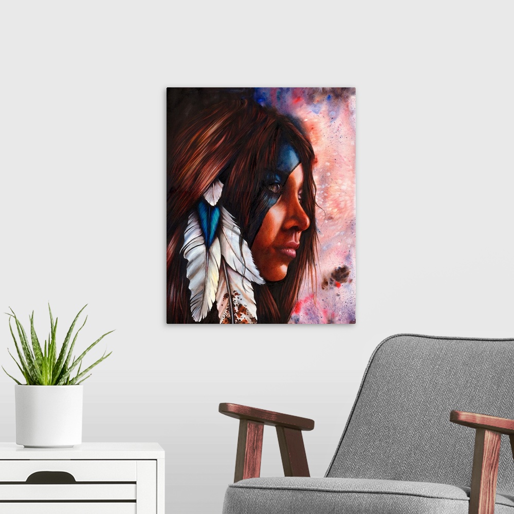 A modern room featuring A portrait of a North American Indian woman, originally created with watercolor and colored pencils.