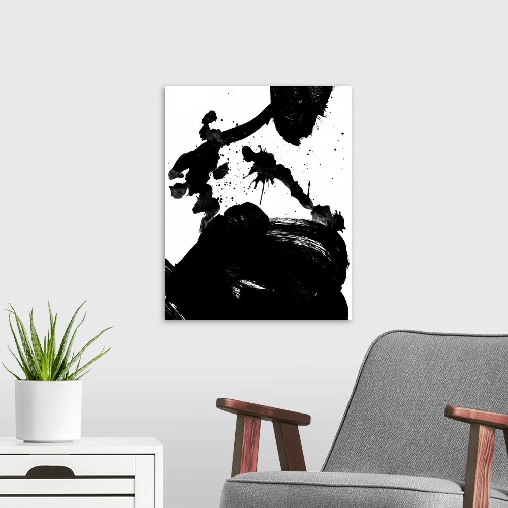 A modern room featuring Contemporary abstract home decor artwork using black paint splashes against a white background.
