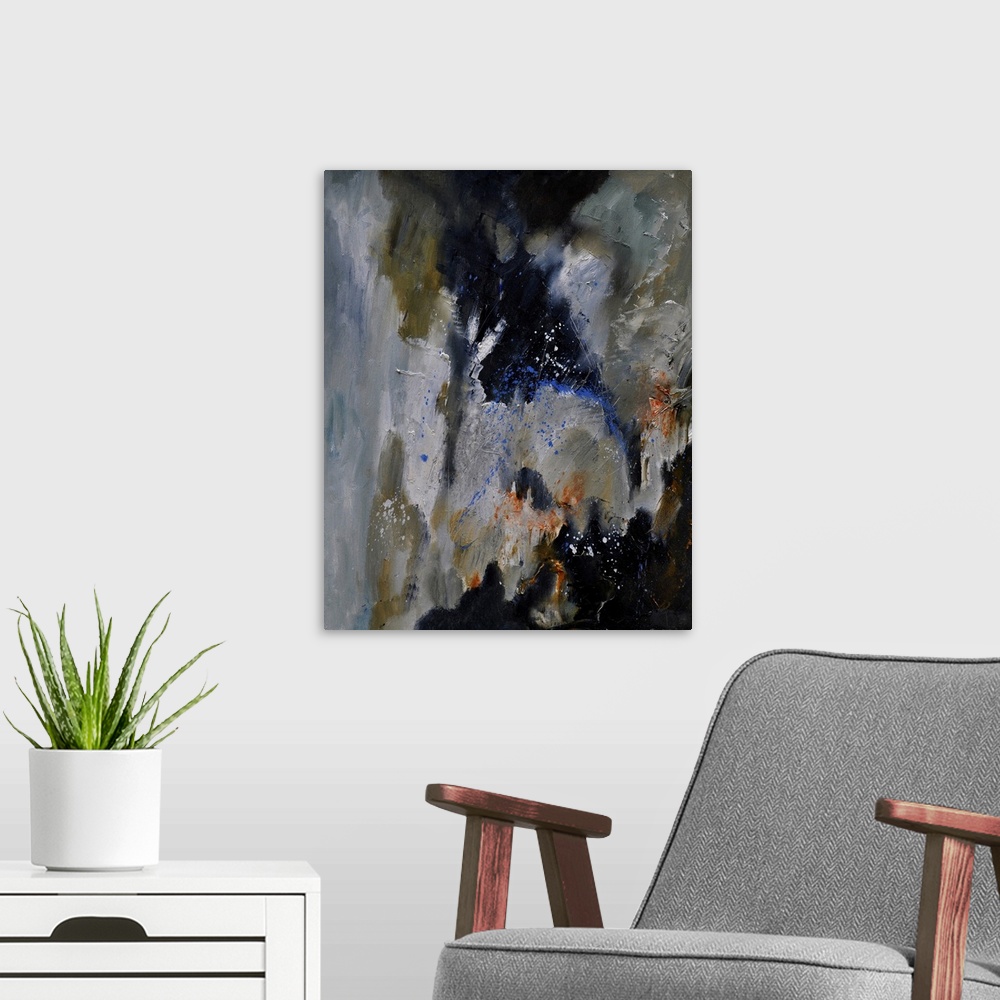 A modern room featuring Abstract painting of colors of gray, brown and blue with hints of orange in textured brush stroke...