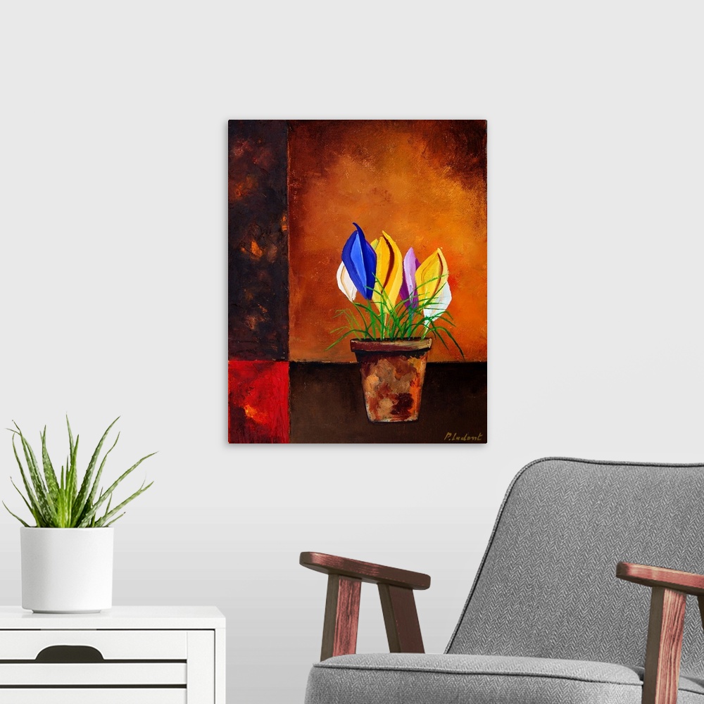 A modern room featuring Vertical painting of a flower pot filled with multi-colored flowers on a brown background.